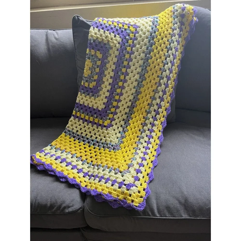 Crochet Afghan Purple Yellow Granny Blanket Cottagecore Lap Throw 48x40 Handmade